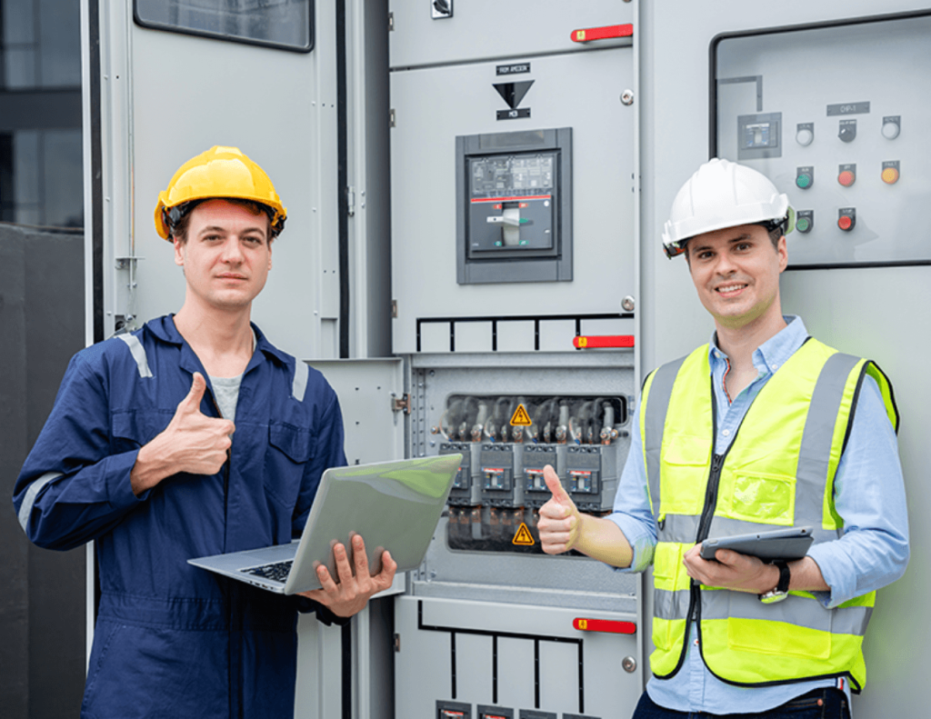 Two electrical technicians giving thumbs up in front of an open industrial control panel with laptop and tablet.